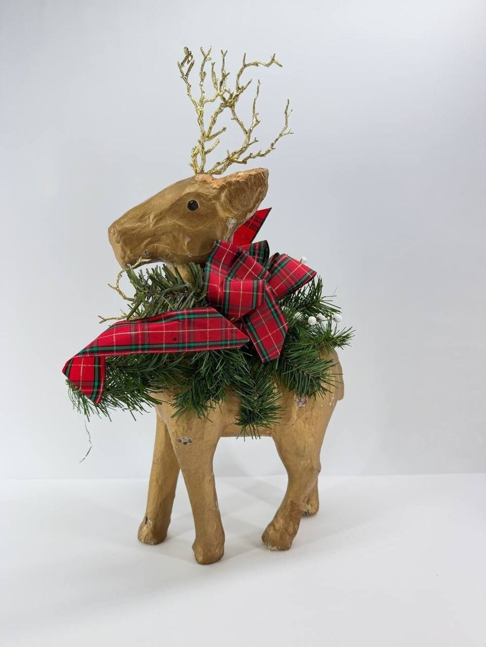 Vintage Paper Mache Reindeer Christmas Centerpiece Gold Deer Wreath Table Decor